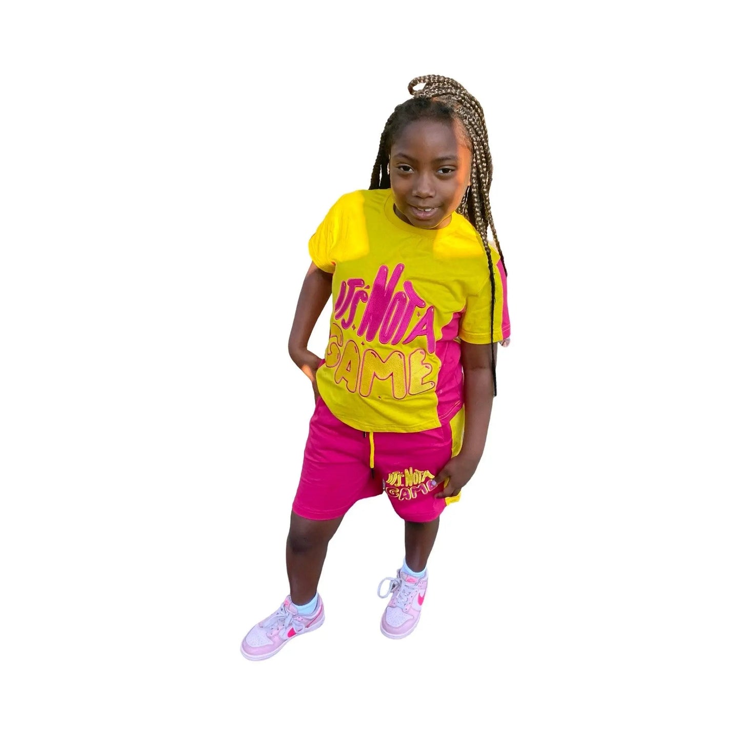 Stylish Girls Pink And Yellow Embroidered Short Sets for Trendy Kids - It's Not A Game Apparel™