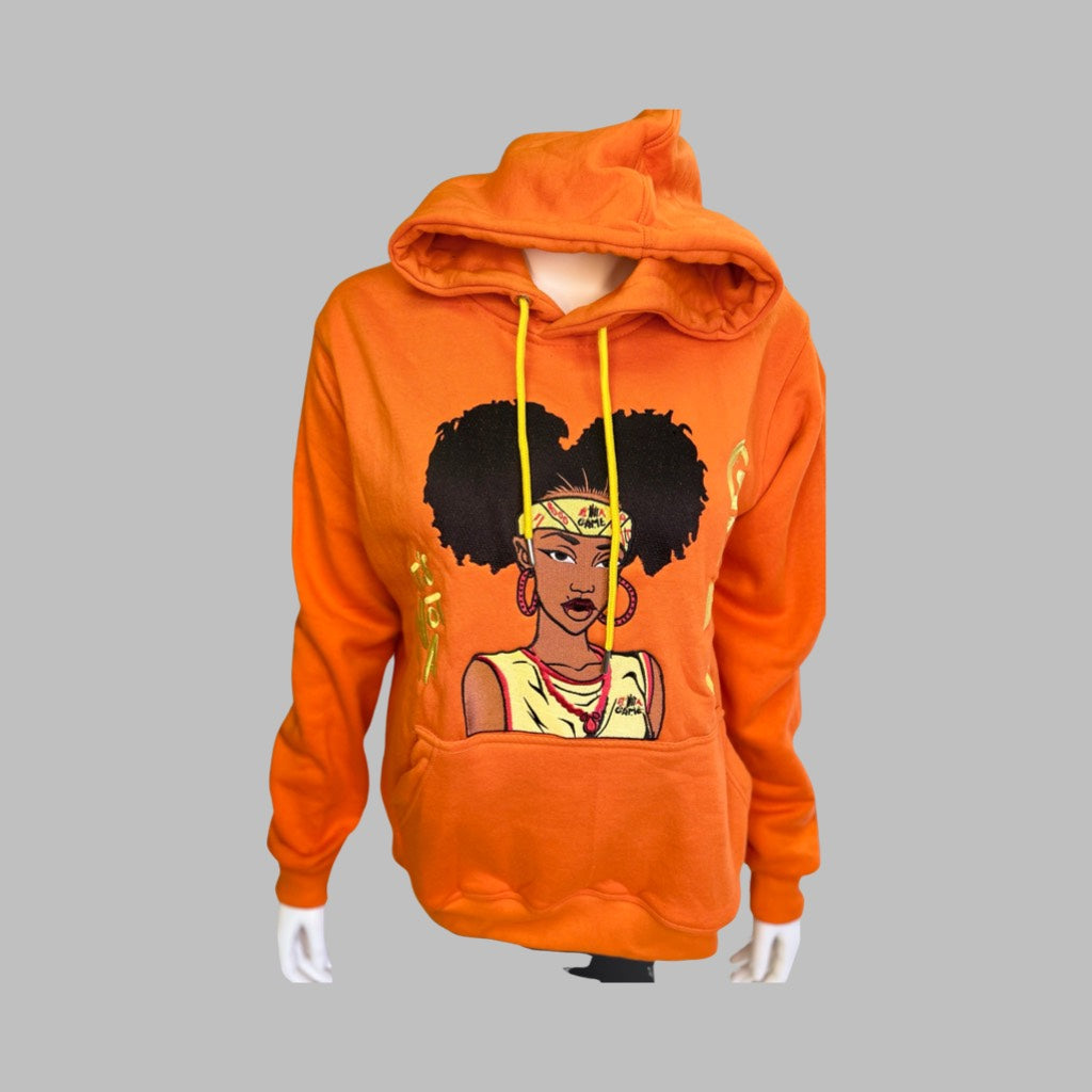 Women's Orange Hoodie with Afro Puffs Logo [Unique Design] INAG - It's Not A Game Apparel™