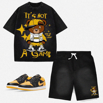 It's Not a Game Black Acid Wash Bear Shorts Set