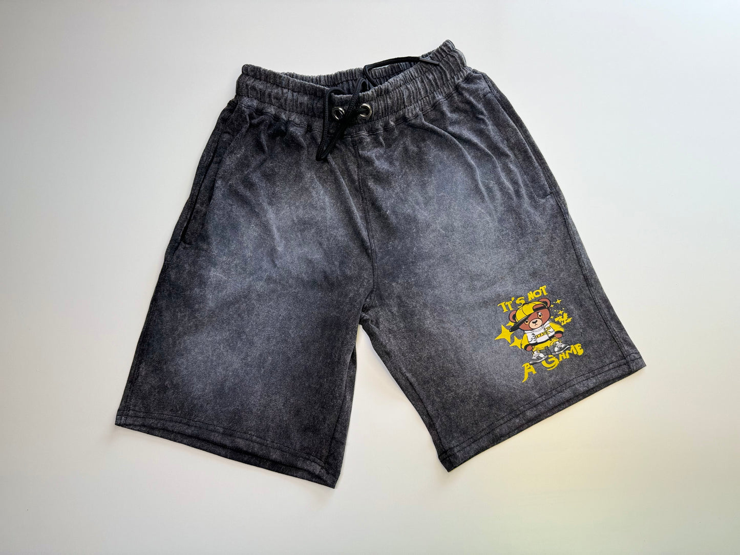 It's Not a Game Black Acid Wash Bear Shorts Set