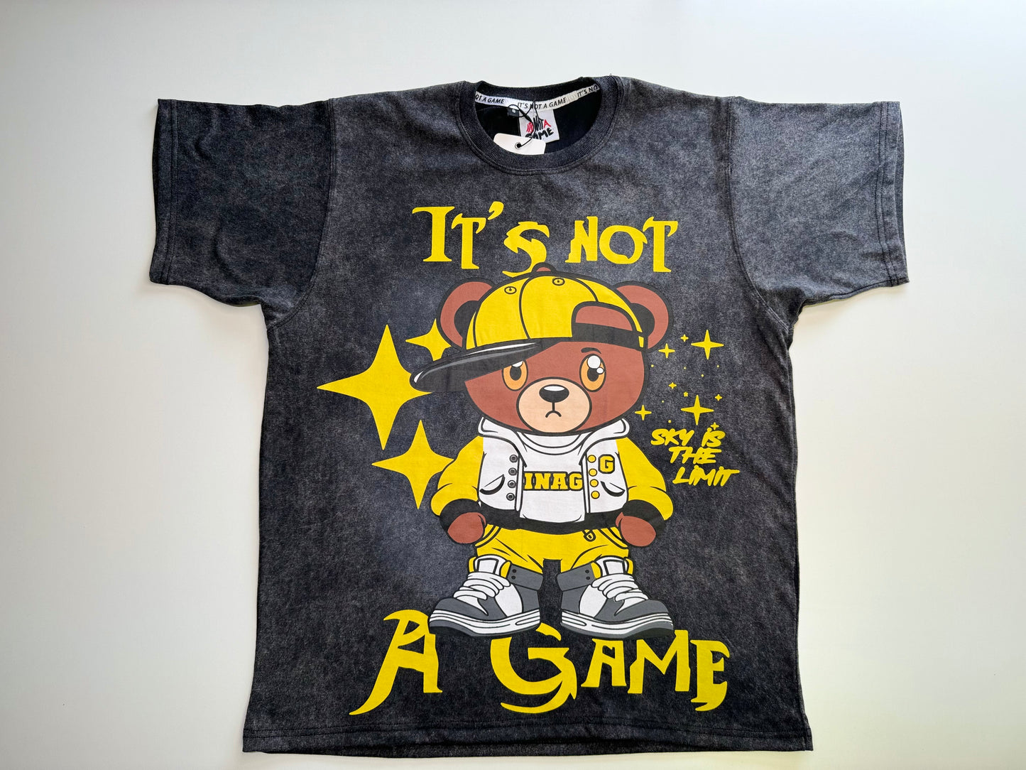 It's Not a Game Black Acid Wash Bear Shorts Set