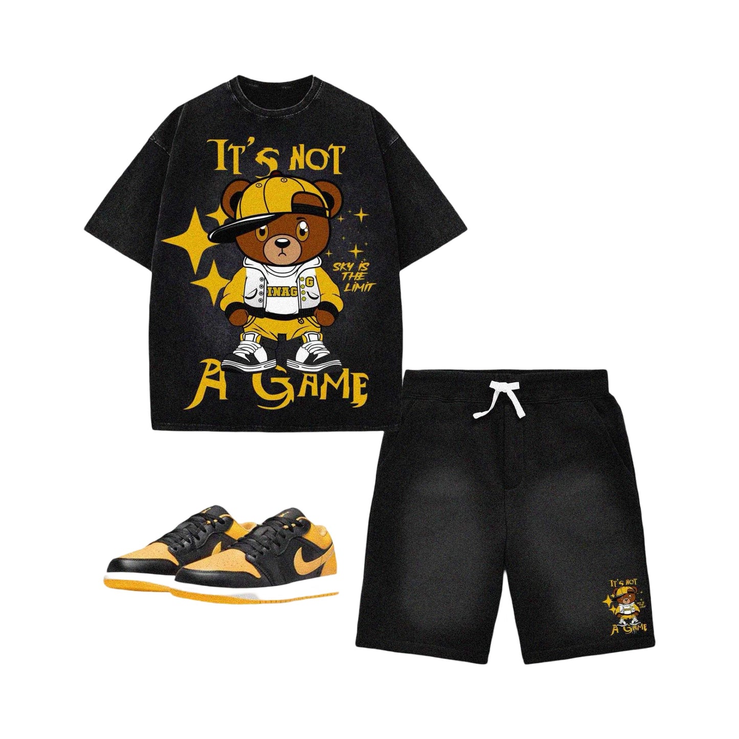 It's Not a Game Black Acid Wash Bear Shorts Set